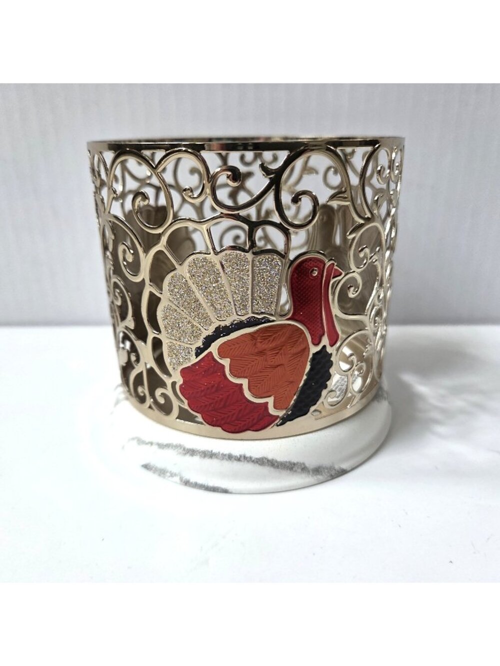 Bath & Body Works Thanksgiving Turkey 3 Wick Candle Holder Gold Metal Marble NEW